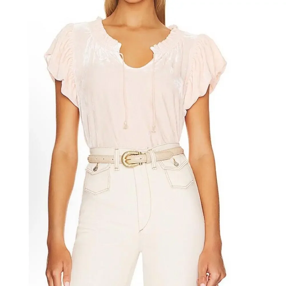 Free People Teresa‎ Velvet XL Light Pink Ruffled Peasant Puff Sleeve Top Boho